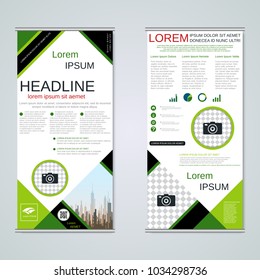 Modern roll-up abstract geometric style business banners, two-sided flyer vector design template