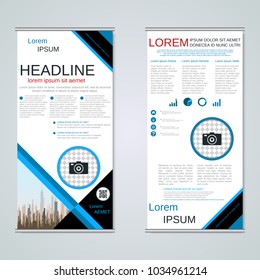 Modern roll-up abstract geometric style business banners, two-sided flyer vector design template