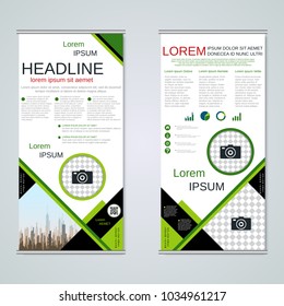 Modern roll-up abstract geometric style business banners, two-sided flyer vector design template