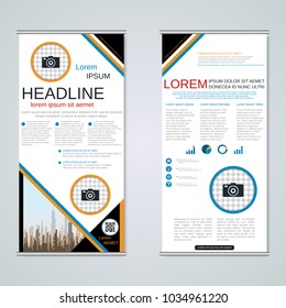 Modern roll-up abstract geometric style business banners, two-sided flyer vector design template
