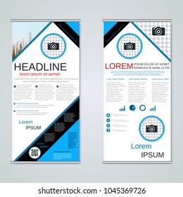Modern roll-up abstract geometric style business banners, two-sided flyer vector design template