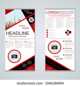 Modern roll-up abstract geometric style business banners, two-sided flyer vector design template