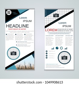 Modern roll-up abstract geometric style business banners, two-sided flyer vector design template