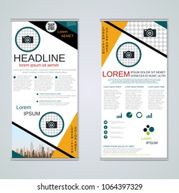 Modern roll-up abstract geometric style business banners, two-sided flyer vector design template