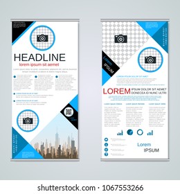 Modern roll-up abstract geometric style business banners, two-sided flyer vector design template