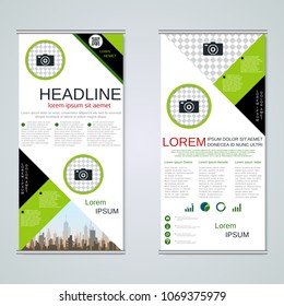 Modern roll-up abstract geometric style business banners, two-sided flyer vector design template