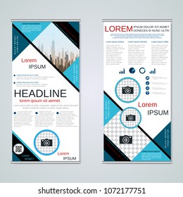 Modern roll-up abstract geometric style business banners, two-sided flyer vector design template