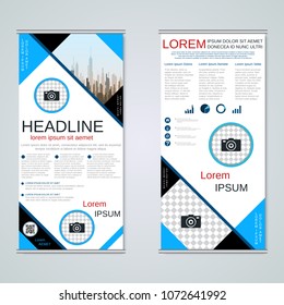 Modern roll-up abstract geometric style business banners, two-sided flyer vector design template