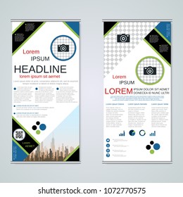 Modern roll-up abstract geometric style business banners, two-sided flyer vector design template