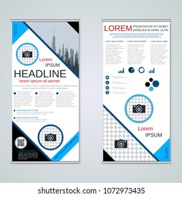 Modern roll-up abstract geometric style business banners, two-sided flyer vector design template