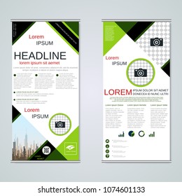 Modern roll-up abstract geometric style business banners, two-sided flyer vector design template