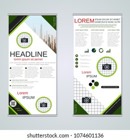 Modern roll-up abstract geometric style business banners, two-sided flyer vector design template
