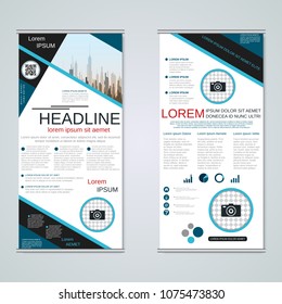 Modern roll-up abstract geometric style business banners, two-sided flyer vector design template