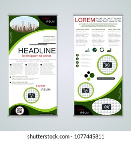 Modern roll-up abstract geometric style business banners, two-sided flyer vector design template