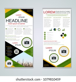 Modern roll-up abstract geometric style business banners, two-sided flyer vector design template