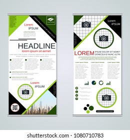 Modern roll-up abstract geometric style business banners, two-sided flyer vector design template