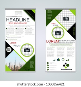 Modern roll-up abstract geometric style business banners, two-sided flyer vector design template