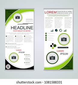 Modern roll-up abstract geometric style business banners, two-sided flyer vector design template