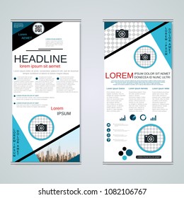 Modern roll-up abstract geometric style business banners, two-sided flyer vector design template