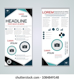 Modern roll-up abstract geometric style business banners, two-sided flyer vector design template
