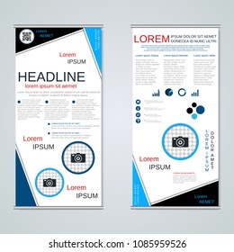 Modern roll-up abstract geometric style business banners, two-sided flyer vector design template