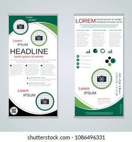 Modern roll-up abstract geometric style business banners, two-sided flyer vector design template