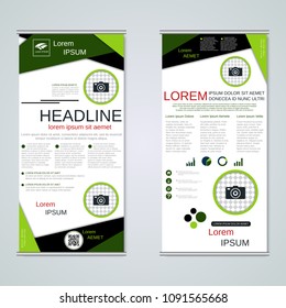 Modern roll-up abstract geometric style business banners, two-sided flyer vector design template