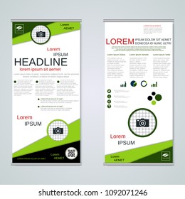 Modern roll-up abstract geometric style business banners, two-sided flyer vector design template