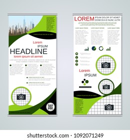 Modern roll-up abstract geometric style business banners, two-sided flyer vector design template