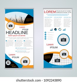 Modern roll-up abstract geometric style business banners, two-sided flyer vector design template