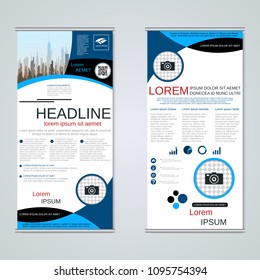 Modern roll-up abstract geometric style business banners, two-sided flyer vector design template
