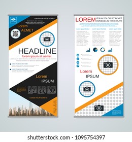 Modern roll-up abstract geometric style business banners, two-sided flyer vector design template