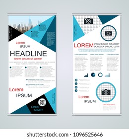 Modern roll-up abstract geometric style business banners, two-sided flyer vector design template