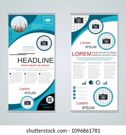 Modern roll-up abstract geometric style business banners, two-sided flyer vector design template