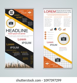 Modern roll-up abstract geometric style business banners, two-sided flyer vector design template