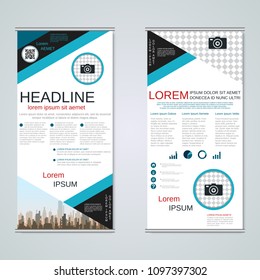 Modern roll-up abstract geometric style business banners, two-sided flyer vector design template