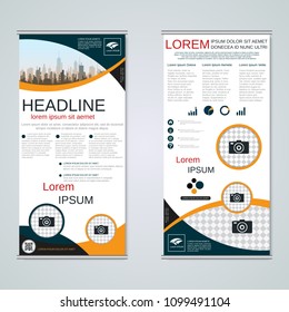 Modern roll-up abstract geometric style business banners, two-sided flyer vector design template