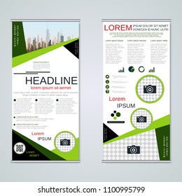 Modern roll-up abstract geometric style business banners, two-sided flyer vector design template