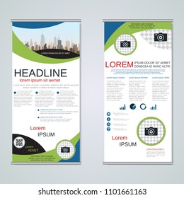 Modern roll-up abstract geometric style business banners, two-sided flyer vector design template