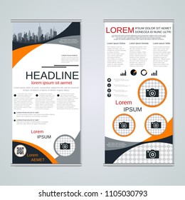 Modern roll-up abstract geometric style business banners, two-sided flyer vector design template