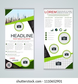 Modern roll-up abstract geometric style business banners, two-sided flyer vector design template