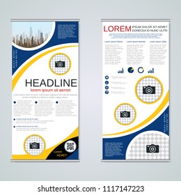 Modern roll-up abstract geometric style business banners, two-sided flyer vector design template