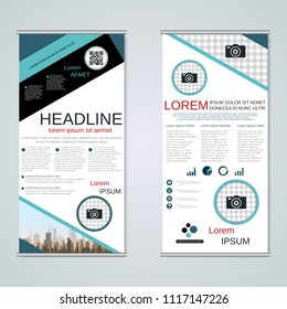 Modern roll-up abstract geometric style business banners, two-sided flyer vector design template