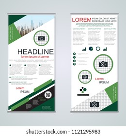 Modern roll-up abstract geometric style business banners, two-sided flyer vector design template