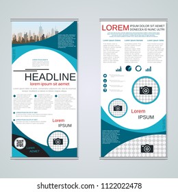 Modern roll-up abstract geometric style business banners, two-sided flyer vector design template