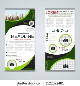 Modern roll-up abstract geometric style business banners, two-sided flyer vector design template