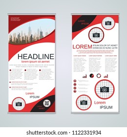 Modern roll-up abstract geometric style business banners, two-sided flyer vector design template