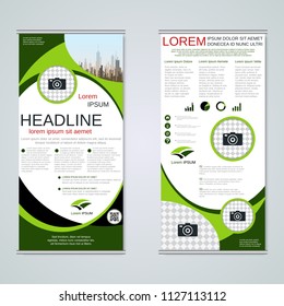 Modern roll-up abstract geometric style business banners, two-sided flyer vector design template