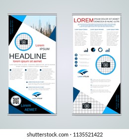 Modern roll-up abstract geometric style business banners, two-sided flyer vector design template