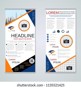 Modern roll-up abstract geometric style business banners, two-sided flyer vector design template